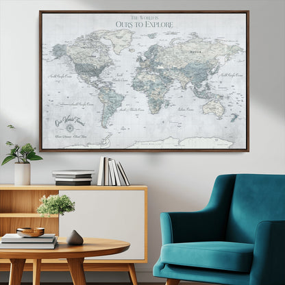 94249974-MGV-CV-36X24-Ours Explore World Map Wall Art – Modern Travel Canvas Print, Neutral Adventure Decor for Living Room, Office, Study, Bedroom,
