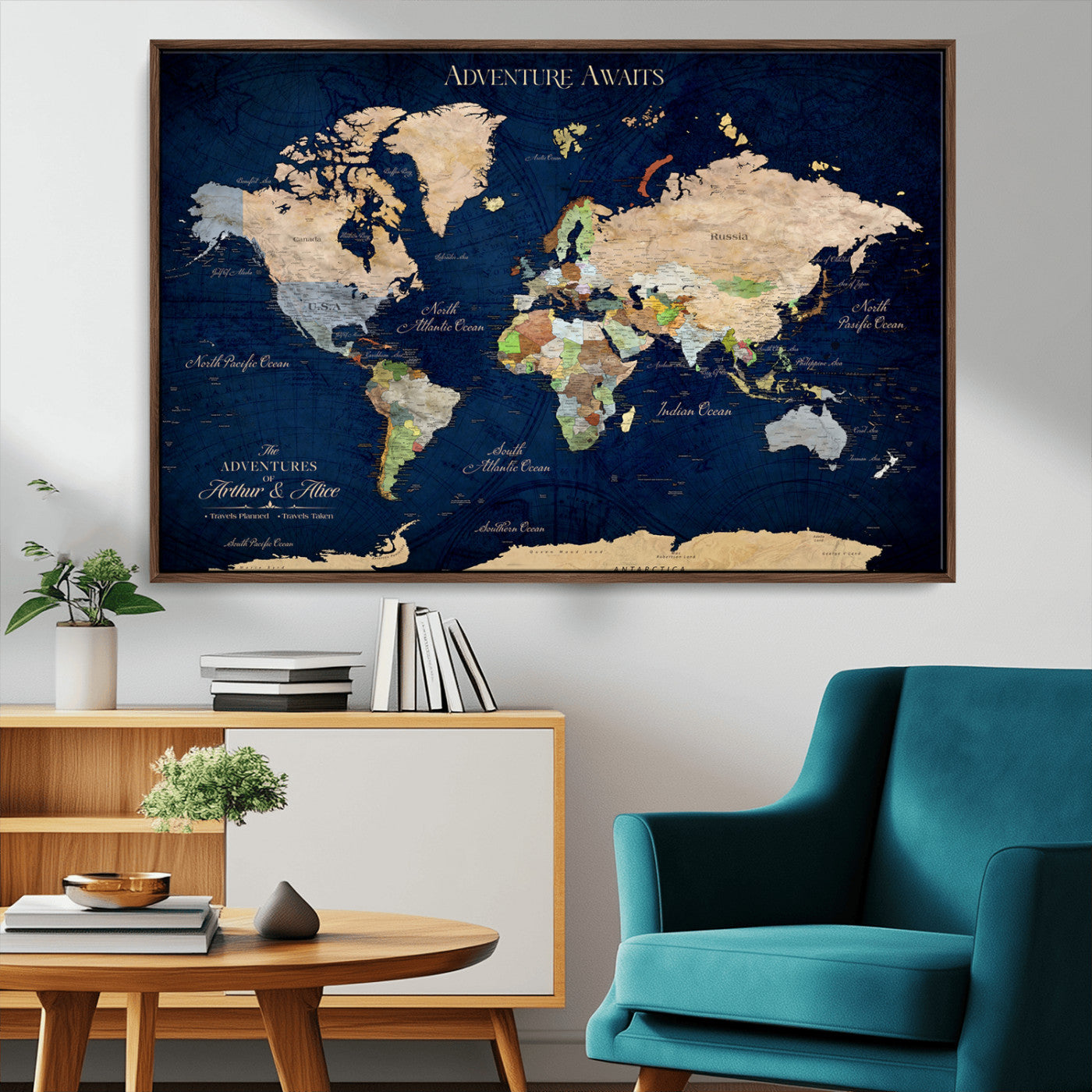 43160428-MGV-CV-36X24-Adventure Awaits Navy Blue World Map – Vibrant Travel Canvas Wall Art, Antique Atlas Print, Wanderlust Decor for Home Office
