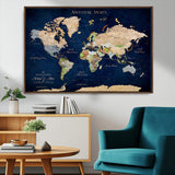 43160428-MGV-CV-36X24-Adventure Awaits Navy Blue World Map – Vibrant Travel Canvas Wall Art, Antique Atlas Print, Wanderlust Decor for Home Office