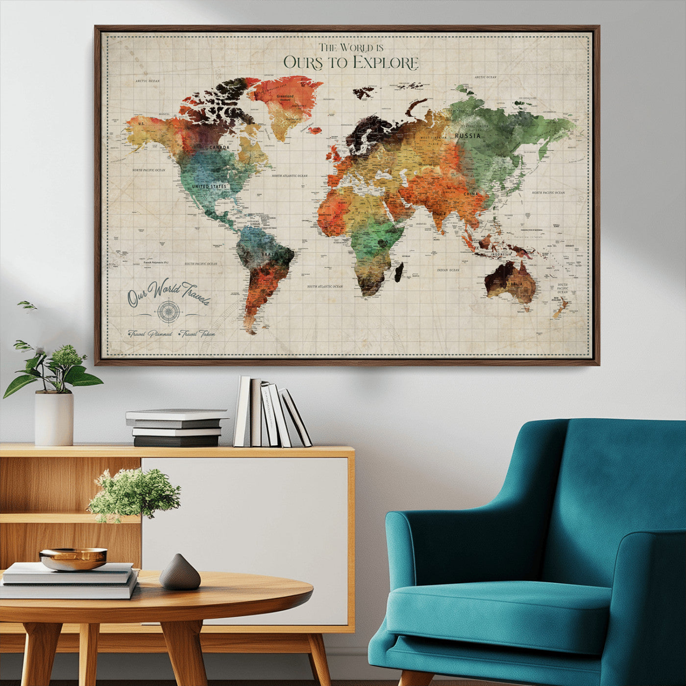 23738379-MGV-CV-36X24-Personalized Colorful Push Pin World Map Canvas – Custom Framed Travel Tracker Wall Art for Home, Office