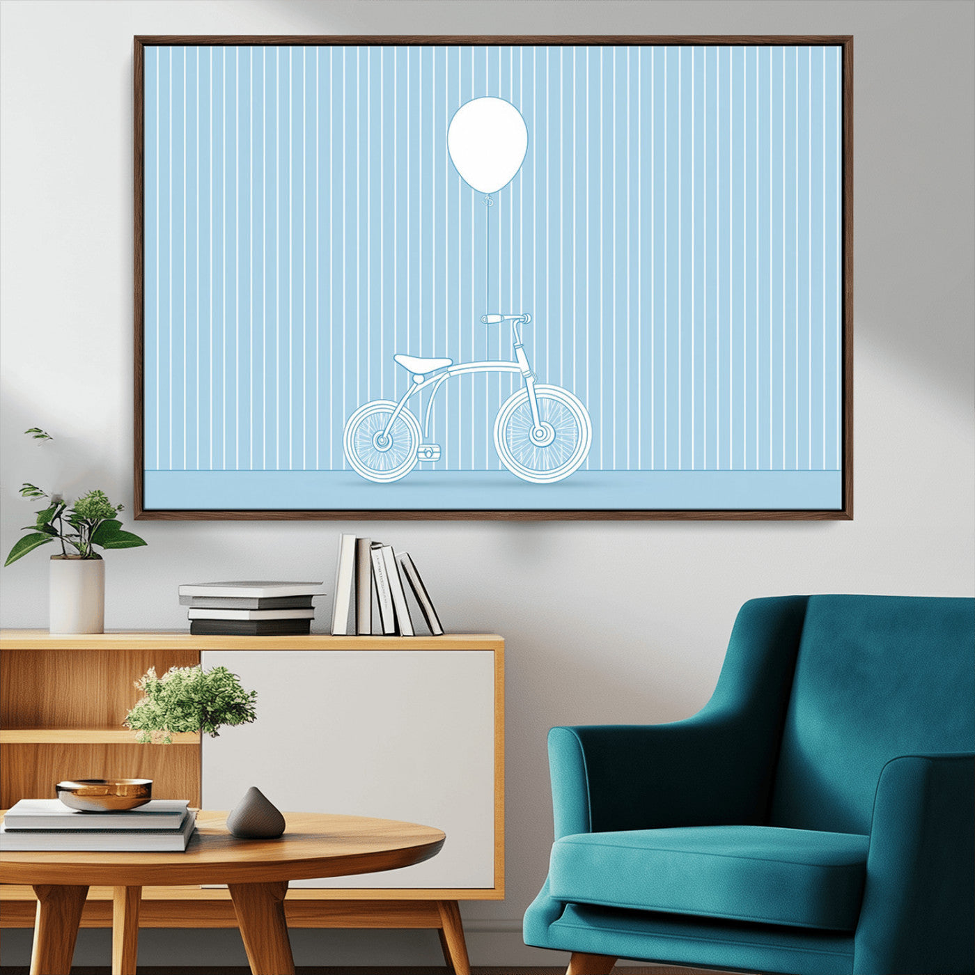 56479838-MGV-CV-36X24-Bicycle Wall Art – Minimalist Blue Canvas Print with Balloon Illustration, Modern Decor Artwork for Kids Room, Nursery, or Living