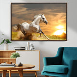 44295212-MGV-CV-36X24-Horse Wall Art – Running White Stallion Canvas Print with Sunset Background, Western Wildlife Decor for Living Room, Office, or