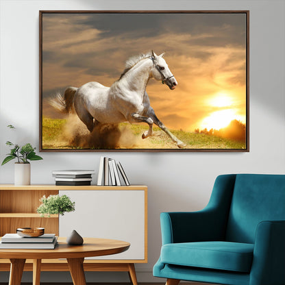 44295212-MGV-CV-36X24-Horse Wall Art – Running White Stallion Canvas Print with Sunset Background, Western Wildlife Decor for Living Room, Office, or