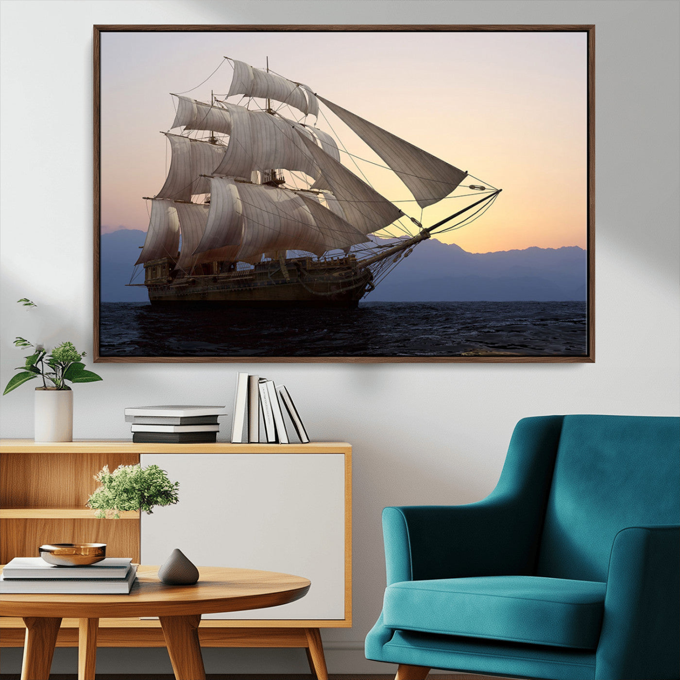 31270610-MGV-CV-36X24-Sailing Ship Wall Art – Sunset Seascape Canvas Print with Tall Ship at Sea, Nautical Ocean Decor for Living Room, Office, or