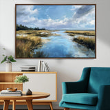 87082041-MGV-FC-36X24_Walnut-Painted Marshland Canvas Wall Art – Serene Water Reflection, Blue Sky, Golden Grass Landscape, Calm Nature Decor for Home, Office,