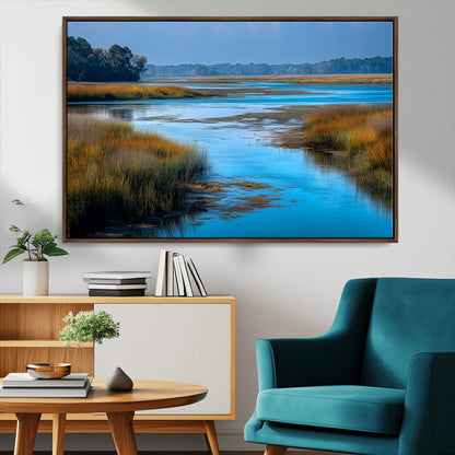 26300004-MGV-FC-36X24_Walnut-Tranquil Marshland Canvas Wall Art – Blue Water, Reflective Sky, Golden Grasses, Calm Nature Landscape, Scenic Outdoor Beauty for