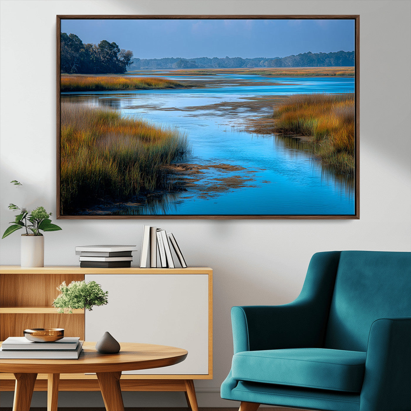 26300004-MGV-CV-36X24-Marshland Landscape Wall Art – Scenic Nature Canvas Print with Golden Grass and Blue Water, Peaceful River Photography for Living