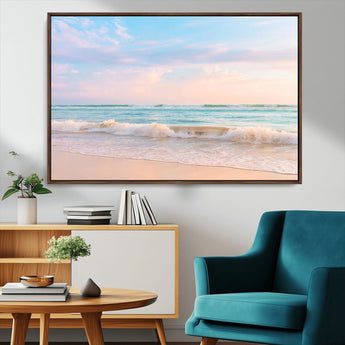 88024944-MGV-CV-36X24-Beach Landscape Wall Art – Coastal Ocean Canvas Print with Gentle Waves and Pastel Sky, Serene Seascape Photography for Living