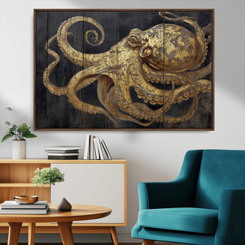 47056538-MGV-FC-36X24_Walnut-Octopus Canvas Wall Art – Gold Detail, Wooden Texture, Marine Life, Ocean Creature Tentacles, Nautical Coastal Rustic Decor for