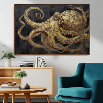 47056538-MGV-CV-36X24-Octopus Wall Art – Gold Nautical Canvas Print with Rustic Wood Texture, Marine Creature Artwork for Coastal Ocean Decoration in
