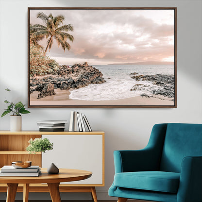 18005328-MGV-CV-36X24-Tropical Beach Wall Art – Coastal Ocean Canvas Print with Palm Tree, Sunset Sky and Rocky Shore, Serene Seascape Photography for