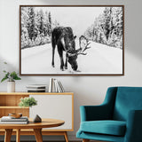 38956835-MGV-CV-36X24-Moose Wall Art – Black and White Wildlife Canvas Print with Snowy Forest Road, Rustic Nature Photography for Cabin, Lodge, Living