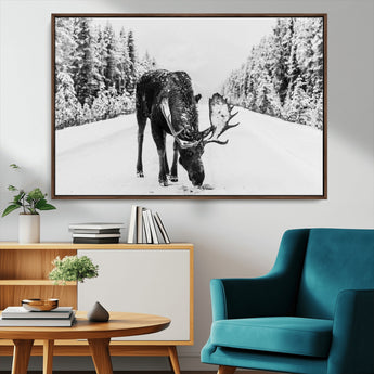 38956835-MGV-CV-36X24-Moose Wall Art – Black and White Wildlife Canvas Print with Snowy Forest Road, Rustic Nature Photography for Cabin, Lodge, Living