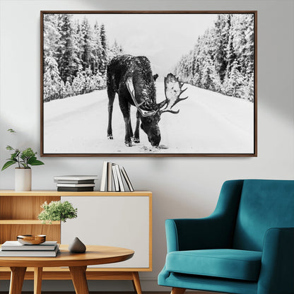 38956835-MGV-CV-36X24-Moose Wall Art – Black and White Wildlife Canvas Print with Snowy Forest Road, Rustic Nature Photography for Cabin, Lodge, Living