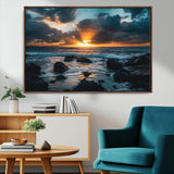 66040852-MGV-FC-36X24_Walnut-Ocean Sunset Canvas Wall Art – Rocky Shore Waves, Dramatic Clouds, Golden Sun Rays, Coastal Nature, Serene Water Reflection for