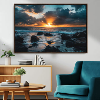 66040852-MGV-FC-36X24_Walnut-Ocean Sunset Canvas Wall Art – Rocky Shore Waves, Dramatic Clouds, Golden Sun Rays, Coastal Nature, Serene Water Reflection for