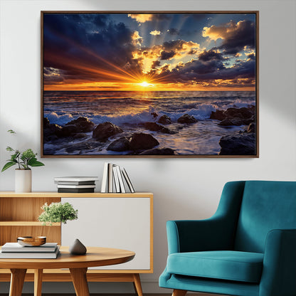 35900590-MGV-FC-36X24_Walnut-Sunset Ocean Waves Canvas Wall Art – Rocky Shore, Dramatic Sky, Golden Sun Rays, Coastal Beauty, Serene Water Motion for Living