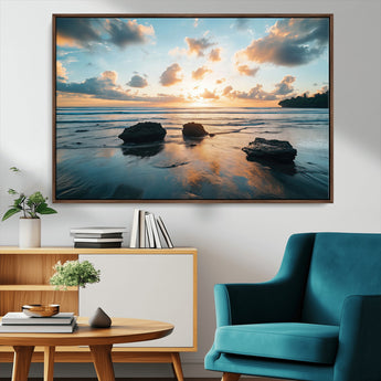 23879436-MGV-FC-36X24_Walnut-Rocky Ocean Sunset Canvas Wall Art – Seaside Dramatic Seascape, Ocean Sunset Art Print for Coastal Modern Decor for Nature