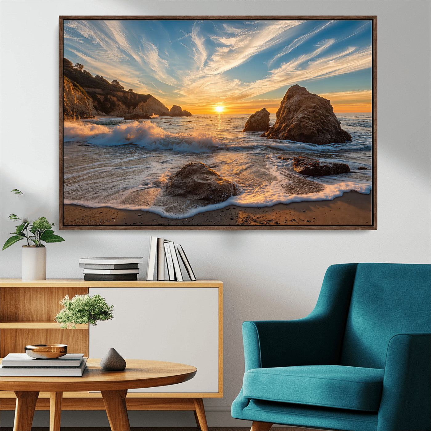 85659923-MGV-FC-36X24_Walnut-Rocky Ocean Sunset Canvas Wall Art – Seaside Dramatic Seascape Print, Coastal Modern Decor, Ocean Sunset Art for Living Room or