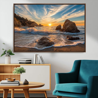 85659923-MGV-FC-36X24_Walnut-Rocky Ocean Sunset Canvas Wall Art – Seaside Dramatic Seascape Print, Coastal Modern Decor, Ocean Sunset Art for Living Room or