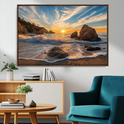 85659923-MGV-FC-36X24_Walnut-Rocky Ocean Sunset Canvas Wall Art – Seaside Dramatic Seascape Print, Coastal Modern Decor, Ocean Sunset Art for Living Room or