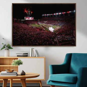 60690191-MGV-CV-36X24-Stadium Wall Art – Night Game Football Canvas Print with Fireworks, Marching Band and Crowd, Panoramic Sports Photography for Man