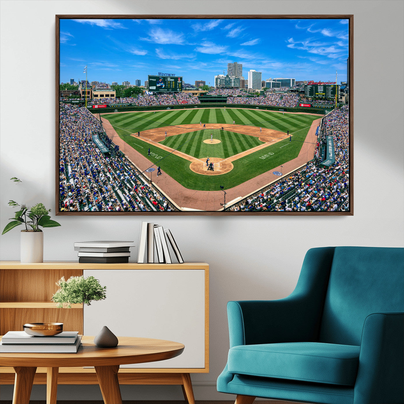 56213978-MGV-FC-36X24_Walnut-Wrigley Field Baseball Stadium Canvas Wall Art – Packed Crowd Sports Stadium Print, City Skyline Baseball Field Canvas for Game