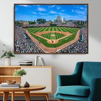 56213978-MGV-FC-36X24_Walnut-Wrigley Field Baseball Stadium Canvas Wall Art – Packed Crowd Sports Stadium Print, City Skyline Baseball Field Canvas for Game