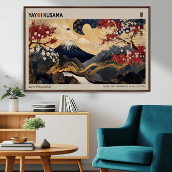 66892669-MGV-FC-36X24_Walnut-Yayoi Kusama Japanese Inspired Canvas Print – Mt. Fuji & Floral Scene Wall Art, Framed Asian Style Canvas for Home, Office or