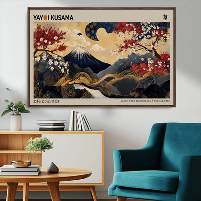 66892669-MGV-FC-36X24_Walnut-Yayoi Kusama Japanese Inspired Canvas Print – Mt. Fuji & Floral Scene Wall Art, Framed Asian Style Canvas for Home, Office or