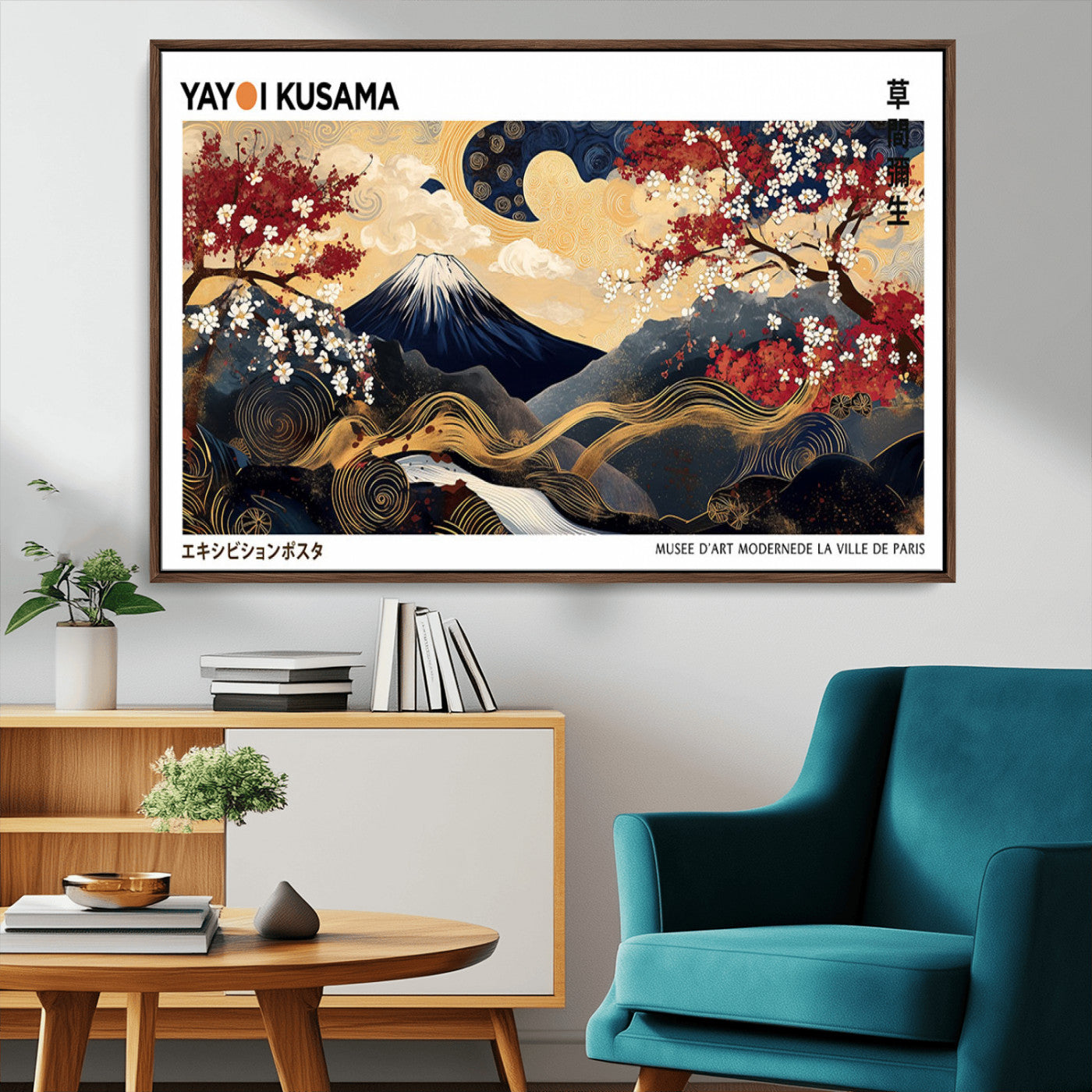 28945903-MGV-FC-36X24_Walnut-Yayoi Kusama Inspired Japanese Art Canvas Print – Framed Floral & Mt. Fuji Wall Decor, Modern Asian Style Canvas for Home, Office,