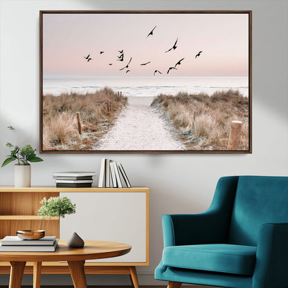 34632598-MGV-CV-36X24-Beach Pathway Wall Art – Coastal Canvas Print with Sandy Trail, Flying Birds and Pastel Sky, Serene Ocean Landscape Photography