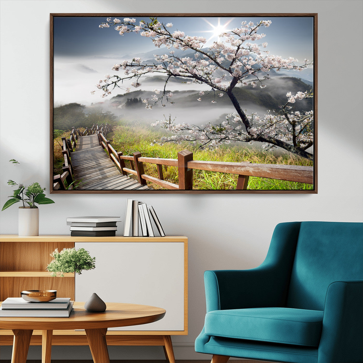34632598CRY-MGV-CV-36X24-Cherry Blossom Wall Art – Scenic Asian Landscape Canvas Print with Wooden Walkway, Misty Mountains and Sunrise, Serene Nature