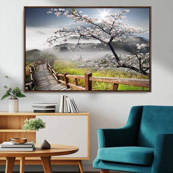 34632598CRY-MGV-CV-36X24-Cherry Blossom Wall Art – Scenic Asian Landscape Canvas Print with Wooden Walkway, Misty Mountains and Sunrise, Serene Nature