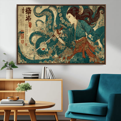 46837670-MGV-FC-36X24_Walnut-Tsukioka Yoshitoshi Samurai Wall Art Print, Japanese Katana Warrior Canvas Wall Art, Octopus Sea Monster Canvas Print,
