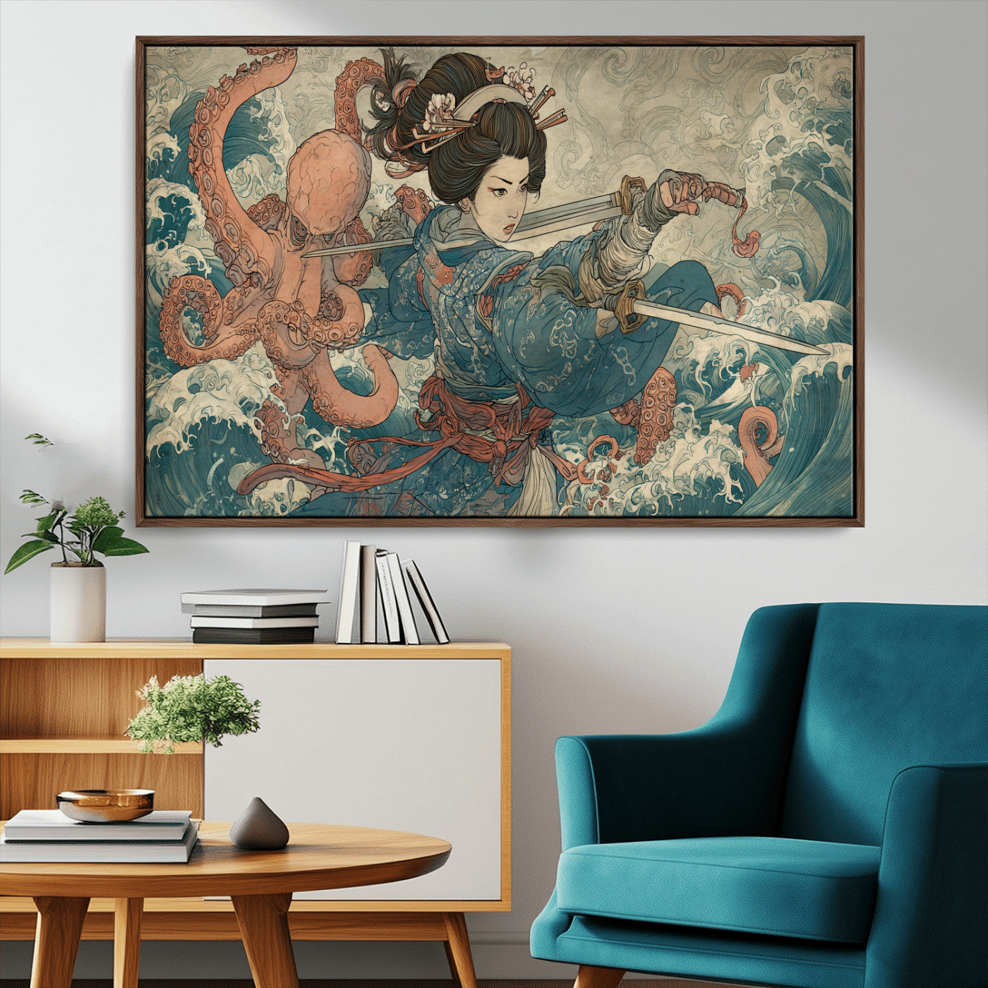 52037775-MGV-FC-36X24_Walnut-Tsukioka Yoshitoshi Samurai Wall Art Print, Japanese Katana Warrior Canvas Wall Art, Octopus Sea Monster Canvas Print,