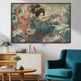 52037775-MGV-FC-36X24_Walnut-Tsukioka Yoshitoshi Samurai Wall Art Print, Japanese Katana Warrior Canvas Wall Art, Octopus Sea Monster Canvas Print,