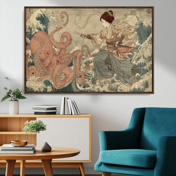 54879547-MGV-CV-36X24-Samurai Woman Wall Art – Japanese Ukiyo-e Style Canvas Print with Katana and Octopus, Traditional Asian Inspired Battle Artwork