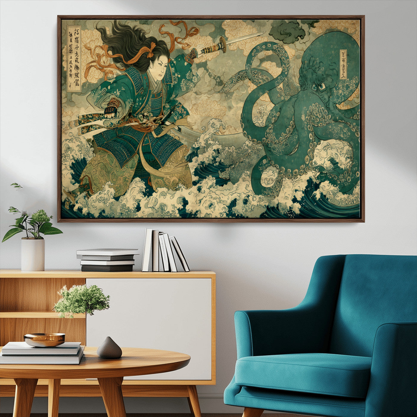 24416422-MGV-CV-36X24-Samurai vs Octopus Wall Art – Japanese Warrior Ocean Battle Canvas Print, Ukiyo e Inspired Decor for Home, Office, or Man Cave