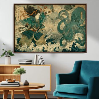 24416422-MGV-CV-36X24-Samurai vs Octopus Wall Art – Japanese Warrior Ocean Battle Canvas Print, Ukiyo e Inspired Decor for Home, Office, or Man Cave