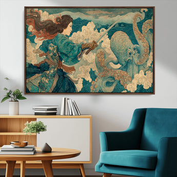 37943964-MGV-CV-36X24-Samurai Warrior vs Octopus Wall Art – Japanese Ukiyo-e Style Canvas Print, Ocean Battle Scene Artwork for Living Room, Office, Man
