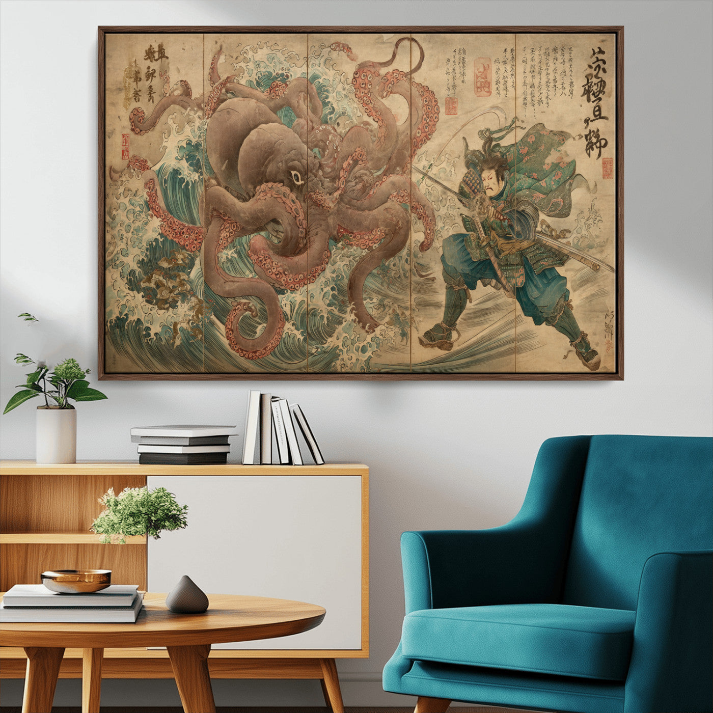 63782167-MGV-FC-36X24_Walnut-Tsukioka Yoshitoshi Samurai Wall Art Print, Japanese Katana Warrior Canvas Wall Art, Octopus Sea Monster Canvas Print,