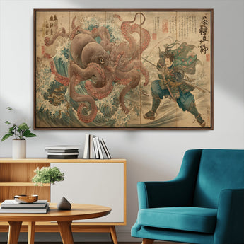 63782167-MGV-FC-36X24_Walnut-Tsukioka Yoshitoshi Samurai Wall Art Print, Japanese Katana Warrior Canvas Wall Art, Octopus Sea Monster Canvas Print,