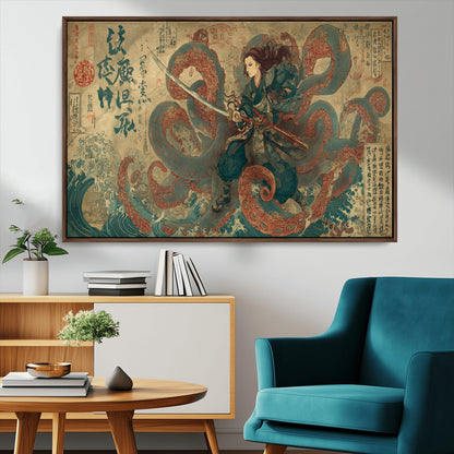 98593115-MGV-FC-36X24_Walnut-Tsukioka Yoshitoshi Samurai Wall Art Print, Japanese Katana Warrior Canvas Wall Art, Octopus Sea Monster Canvas Print,