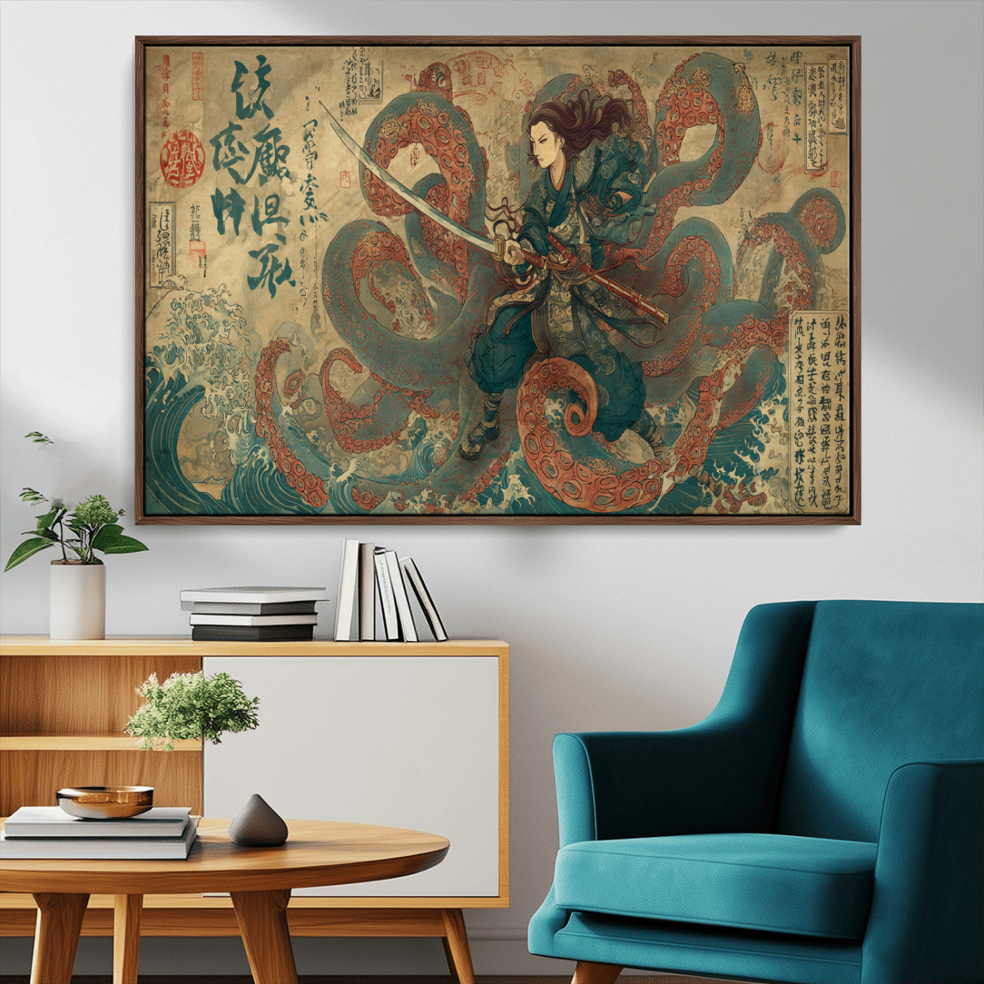 98593115-MGV-CV-36X24-Samurai Warrior vs Octopus Wall Art – Japanese Ukiyo-e Calligraphy Canvas Print, Ocean Battle Scene Artwork for Living Room,