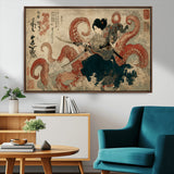 50812504-MGV-CV-36X24-Samurai Woman vs Octopus Wall Art – Japanese Ukiyo-e Red Tentacle Canvas Print, Ocean Battle Artwork for Living Room, Office, Man