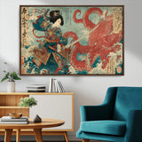 68844327-MGV-FC-36X24_Walnut-Tsukioka Yoshitoshi Samurai Wall Art Print, Japanese Katana Warrior Canvas Wall Art, Octopus Sea Monster Canvas Print,