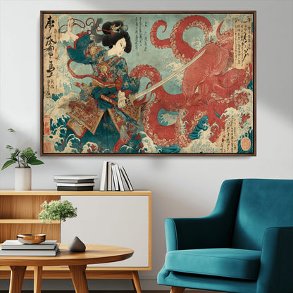 68844327-MGV-FC-36X24_Walnut-Tsukioka Yoshitoshi Samurai Wall Art Print, Japanese Katana Warrior Canvas Wall Art, Octopus Sea Monster Canvas Print,