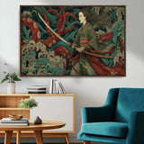 18902796-MGV-CV-36X24-Samurai Woman vs Octopus Wall Art – Japanese Ukiyo-e Green Kimono Canvas Print, Ocean Battle Scene Artwork for Living Room,