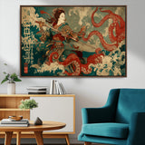 60201267-MGV-CV-36X24-Samurai Woman vs Octopus Wall Art – Japanese Ukiyo-e Armor Canvas Print, Red Tentacle Ocean Battle Artwork for Living Room,
